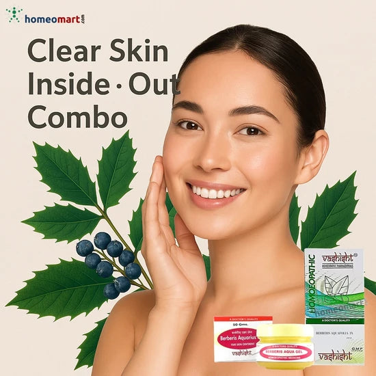 Clear Skin Inside & Out – Purify from within and protect externally with the Vashisht Berberis Aquifolium Gel & tablet Combo for radiant, acne-free skin