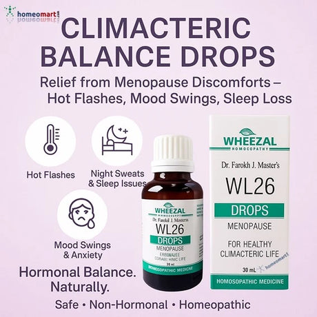 Infographic on Wheezal WL26 Climacteric Balance Drops with product packaging and benefits listed.