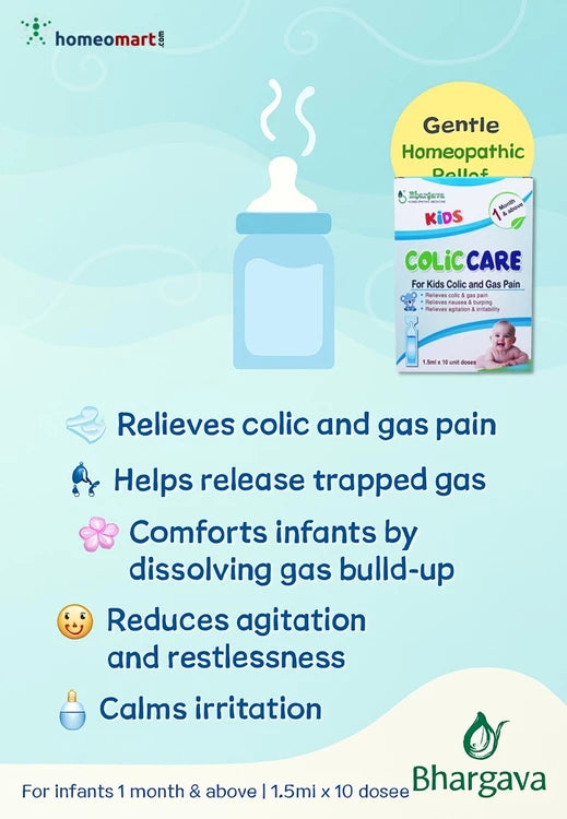 Bhargava Colic Care product for infants with bottle illustration and infant colic benefits on a light blue background