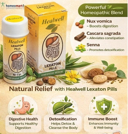 Healwell Lexaton Pills packaging with natural ingredients and constipation health benefits on a beige background