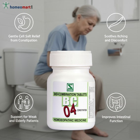 Bottle of Bio-Combination Tablets BC 04 with a elderly person using the toilet in the background, labeled 'homeomart'.