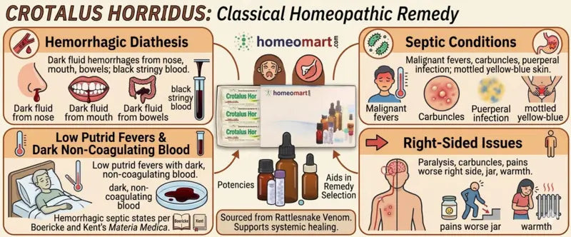 crotalus horridus homeopathic medicine, crotalus homeopathy uses, homeopathy for hemorrhage, bleeding disorders homeopathy, jaundice homeopathic medicine, septicemia homeopathy remedy, stroke paralysis homeopathy