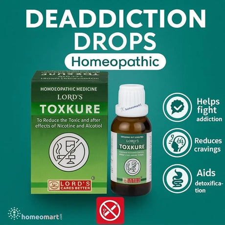 Lord's Toxkure homeopathic medicine bottle and packaging on a green background with infographic on deaddiction effects