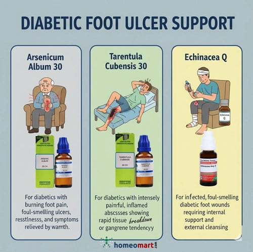 Homeopathic treatment options for diabetic foot ulcers with illustrations and product descriptions.