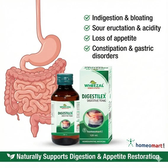 Wheezal Digestilex digestive tonic with an illustration of the gastrointestinal system on a white background.