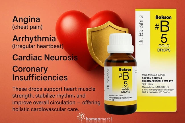 B5 Gold Drops by Dr. Bakshi provide natural heart care for angina, arrhythmia & cardiac neurosis. Strengthens heart muscles & improves circulation.