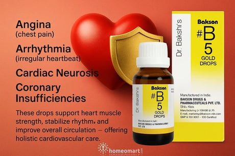 B5 Gold Drops by Dr. Bakshi provide natural heart care for angina, arrhythmia & cardiac neurosis. Strengthens heart muscles & improves circulation.