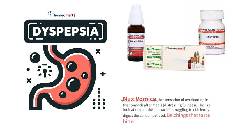 Homeopathy products for dyspepsia with 'homeomart' branding and Nux Vomica indication.