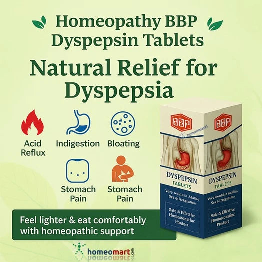 Advertisement for Homeopathy BBP Dyspepsin Tablets with packaging and symptoms on a light green background.