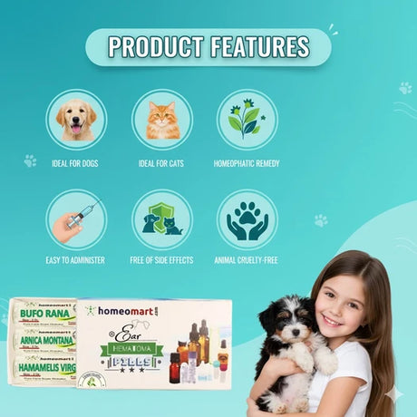 Product features of a homeopathic remedy for pets on a blue background with a girl holding a dog.