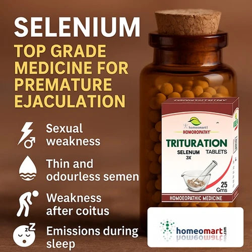 Bottle of Trituration Selenium Tablets with packaging and premature ejaculation symptoms treated on a brown background