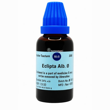 Bottle of Eclipta Alba Q homeopathic medicine with blue cap on a white background