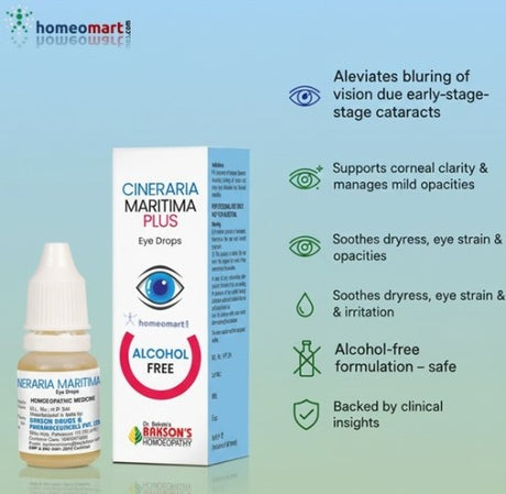Cineraria Maritima Plus eye drops with packaging on a light blue background with eye care benefits