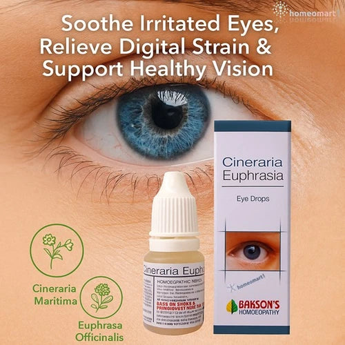 Bakson Cineraria Euphrasia Eye Drops relieve strain, soothe redness, and help prevent cataract - trusted homoeopathic care for clear, comfortable eyes.