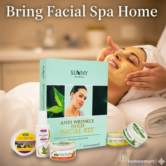 Sunny Herbs anti wrinkle gold facial kit with a woman receiving facial treatment in a spa setting.
