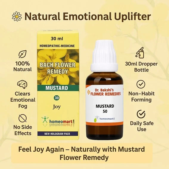 Bach Flower Remedy Mustard bottle and packaging with benefits in gloom and despair on a yellow background