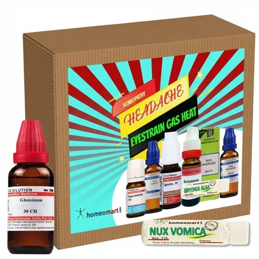 Homeopathy medicine bottles and headache medicine packaging with colorful label on a white background