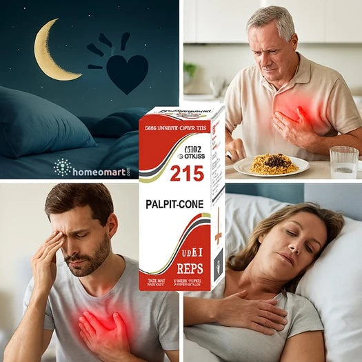 Collage of a man withheart palpitation while eating, a woman sleeping with heart disturbance, a man with headache and heart palpitation, and a product box labeled 'Palpit-Gone' with Homeomart branding.