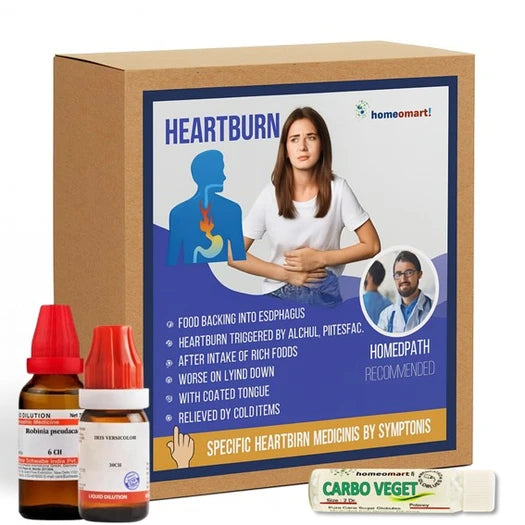 Heartburn relief product set with homeopathic remedies and packaging on a white background