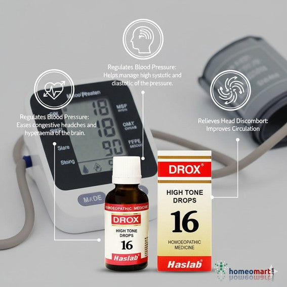 Drox High Tone Drops bottle and packaging with a blood pressure monitor on a gray background