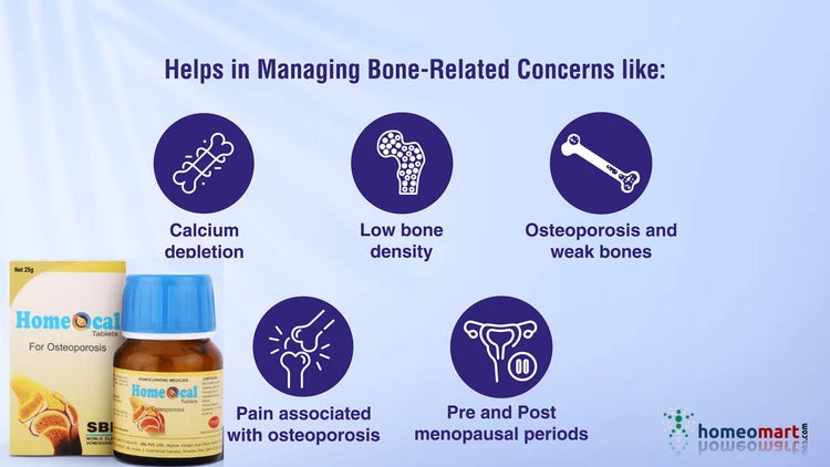 Homeopathic product packaging with text on managing bone-related concerns on a blue background