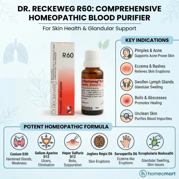 homeopathic medicine for blood impurities, homeopathic blood purifier for pimples, homeopathic drops for unclean skin, homeopathic medicine for swollen lymph glands, Dr Reckeweg R60 for pimples, R60 drops for skin problems, homeopathic support for acne prone skin, homeopathic remedy for glandular swelling, homeopathic drops for boils and abscesses, homeopathic medicine for eczema and skin eruptions