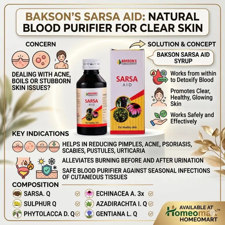 pimple removal syrup, skin detox syrup, sarsa aid benefits, homeopathy for skin problems, bakson skin syrup