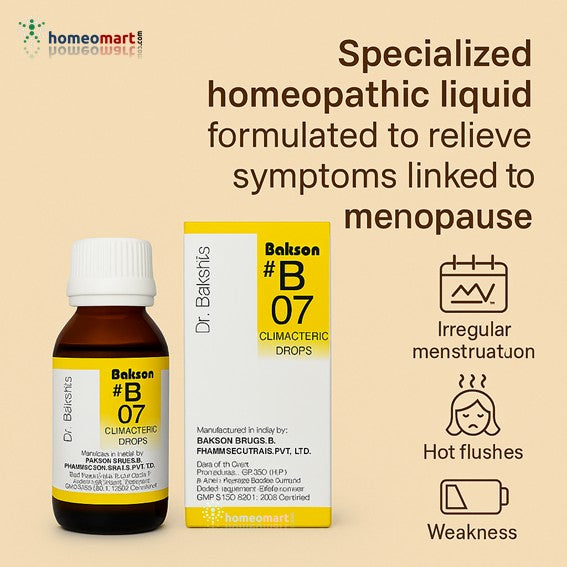 Dr. Balkshis #B 07 Climacteric Drops bottle and packaging on a beige background with text about menopause symptoms.