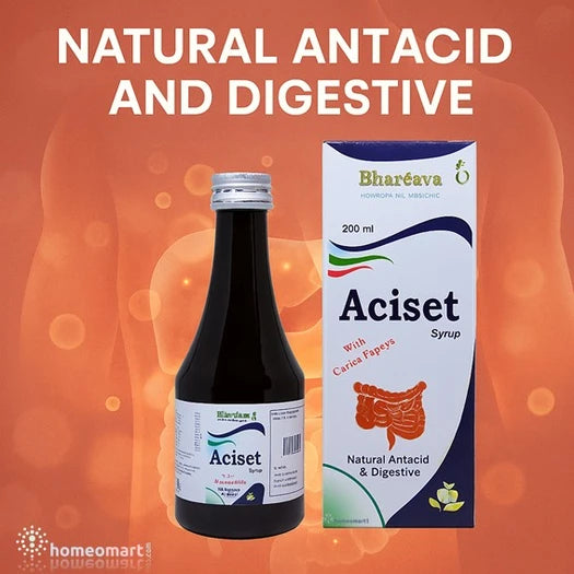 Aciset syrup bottle and box with 'Bharéava' branding on an orange background.