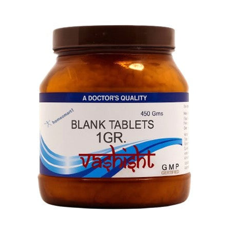 Jar of blank tablets with a label on a white background. Homeopathy Blank Tablets 1 grain in 450 gram jar