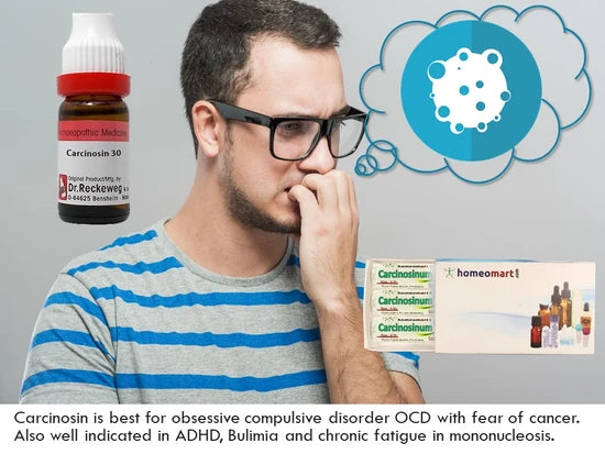 Man with glasses and a thought bubble , with a bottle labeled 'Carcinosin' and homeopathy products displayed with benefits indicated in cancer, OCD ADHD Bulimia