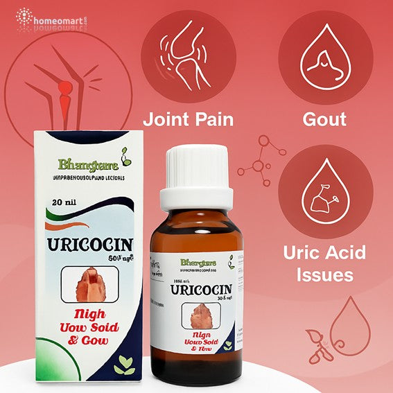Uricocin bottle and packaging with joint pain, gout, and uric acid issues text on a pink background