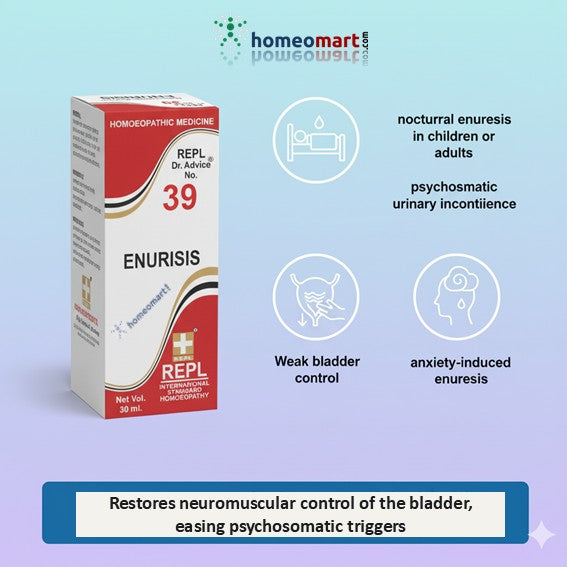 Box of ENURISIS medicine with product details on a light blue background