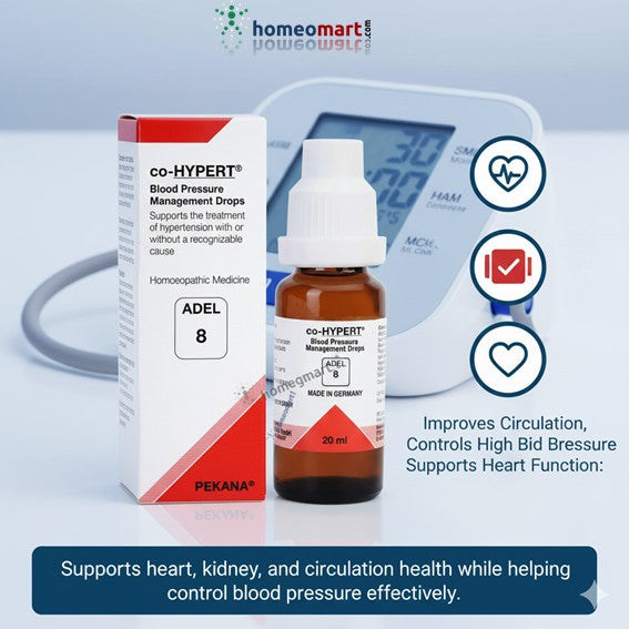 Co-Hypert blood pressure management drops with packaging and a digital blood pressure monitor on a light gray background.