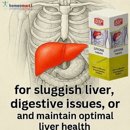 Illustration of a liver with human anatomy, DHP Livone tablets packaging, and text about liver health.