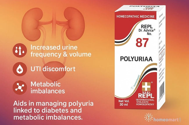 Homeopathic medicine box for Polyuria with renal illustration and text on an orange background