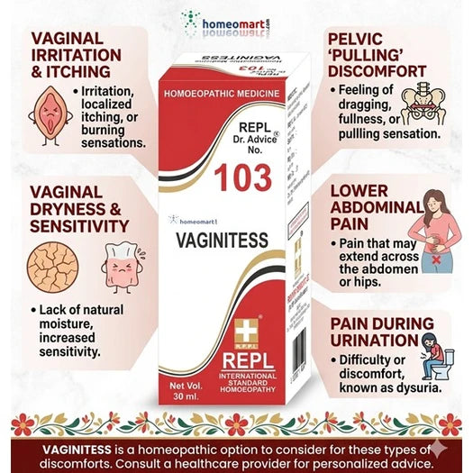 Vaginitess homeopathic medicine box with symptoms and branding information.