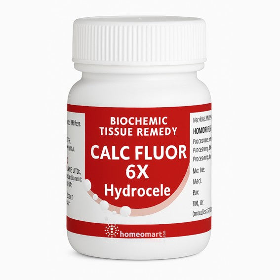 Bottle of Calc Fluor 6X Hydrocele remedy with a red label on a white background
