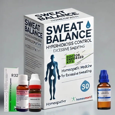 Homeopathy kit to manage excessive sweating naturally. Doctor-recommended remedies for hands, feet, face, and underarms. Sweat odor & moisture control.