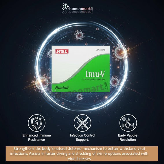 An image featuring a box of HSL Haslab Imu-V Homoeopathic Medicine positioned at the center of a glowing white circular shield. This shield acts as a barrier against floating viral particles in a dark, starry background.