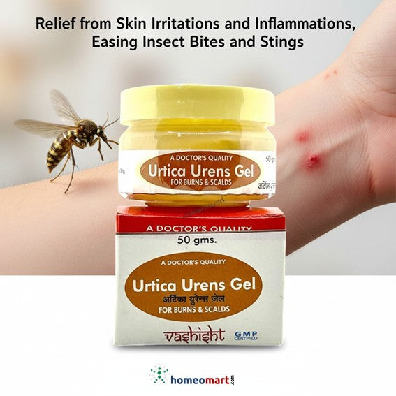 Urtica Urens Gel packaging with a bee and skin irritation on a person's arm, indicating its use for insect bites and stings.