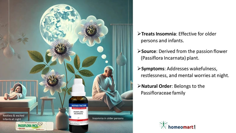 Bottle of Passiflora Incarnata with a elderly person and child in a bedroom setting, featuring flowers and moon.