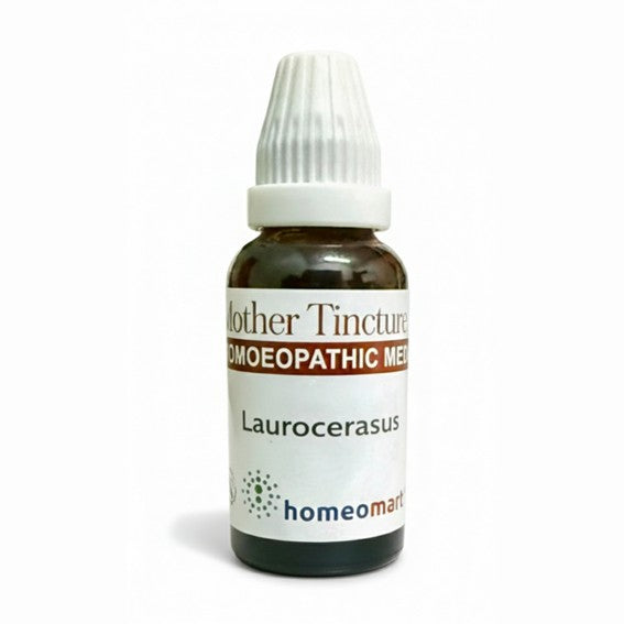 Bottle of homeopathic medicine labeled 'Laurocerasus' on a white background