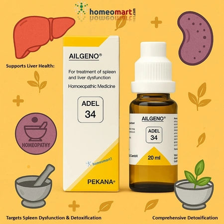 Homeopathic medicine bottle and packaging with illustrations of a liver, spleen, and other elements on an orange background.