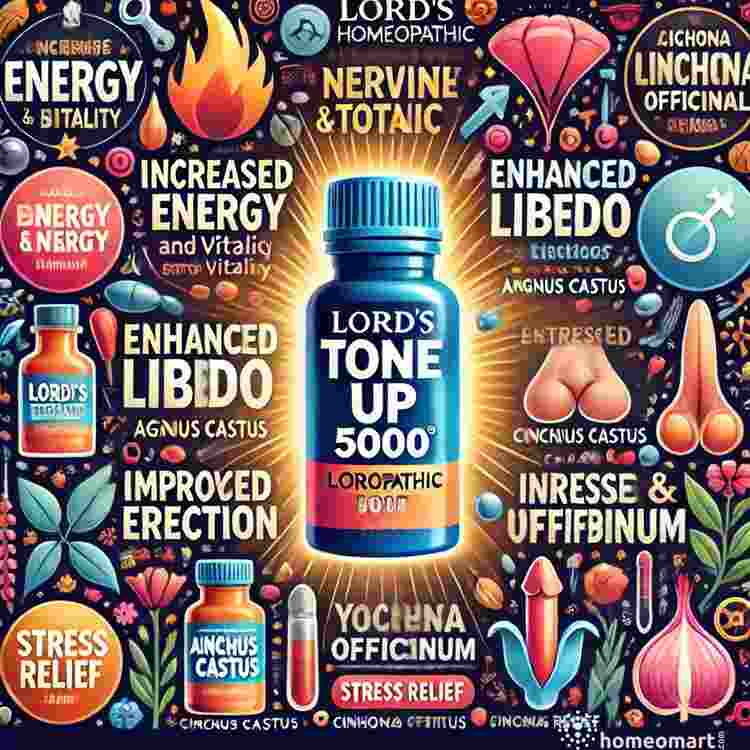 Infographic showcasing the benefits of Lord's Tone Up 5000, a homeopathic nervine tonic for male sexual health, vigor, and vitality. The image highlights key benefits such as increased energy, enhanced libido, improved erections, stress relief, and anxiety reduction. Ingredients like Daminana, Avenia Sativa, Agnus Castus, Cinchona Officinalis, and Yohimbinum are depicted alongside the product bottle in a clean, professional design.