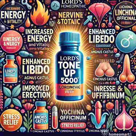 Infographic showcasing the benefits of Lord's Tone Up 5000, a homeopathic nervine tonic for male sexual health, vigor, and vitality. The image highlights key benefits such as increased energy, enhanced libido, improved erections, stress relief, and anxiety reduction. Ingredients like Daminana, Avenia Sativa, Agnus Castus, Cinchona Officinalis, and Yohimbinum are depicted alongside the product bottle in a clean, professional design.
