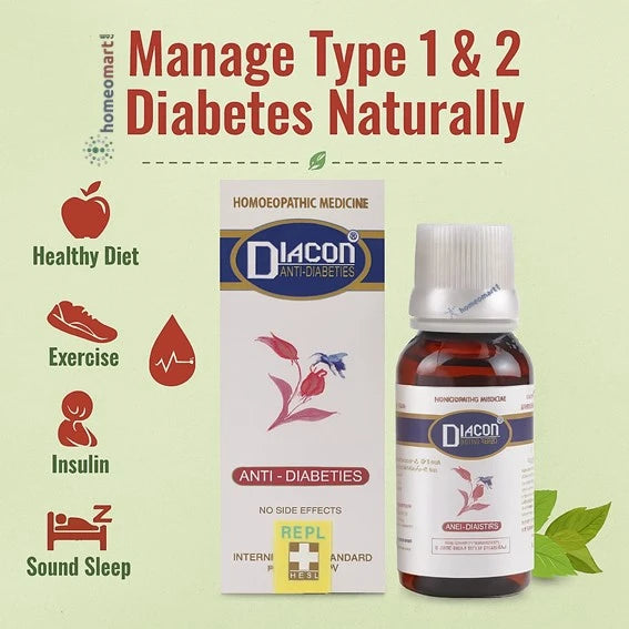 Infographic on how to manage Type 1 & 2 Diabetes naturally with Diaccon Anti-Diabetes medicine packaging with bottle on a light green background