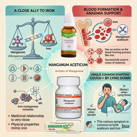 Infographic about Manganum Aceticum with bottles and educational graphics on blood formation, anemia support, and symptoms.