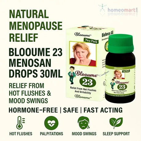 Advertisement for Blooume 23 Menosan Drops with bottle and packaging on a white background