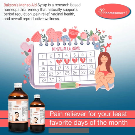 Bakson's Menso Aid Syrup is a research-based homeopathic remedy that naturally supports period regulation, pain relief, vaginal health, and overall reproductive wellness.